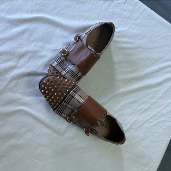 JITAI Spiked Plaid Double Monk Strap Shoes - Men\'s Size 10